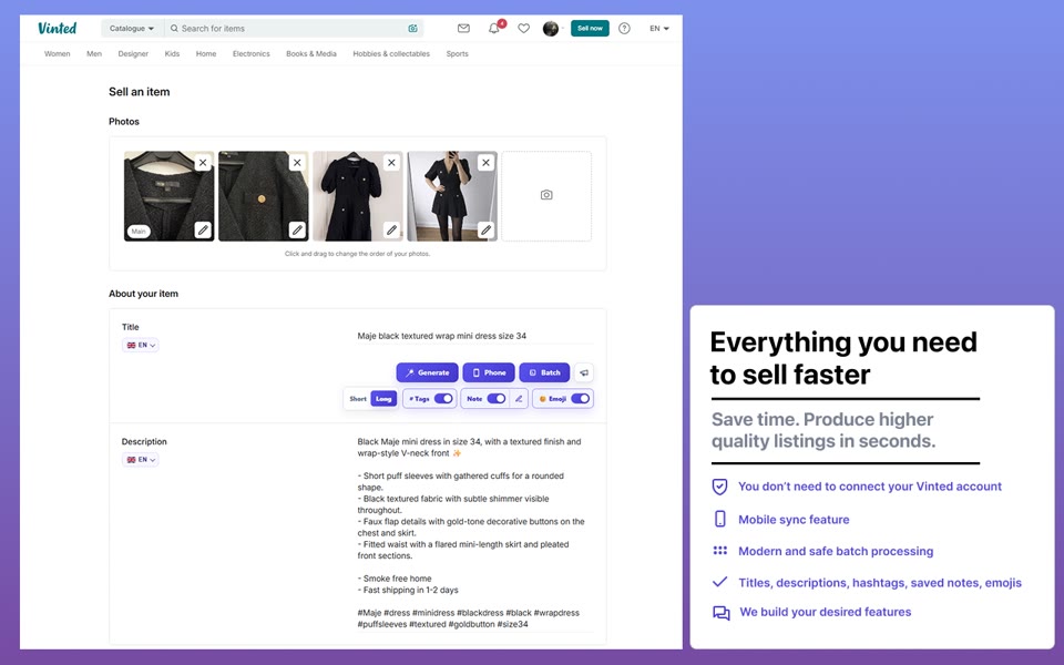 AutoLister AI generating a Vinted listing title, description, hashtags, seller note, and emojis inside the Vinted listing form