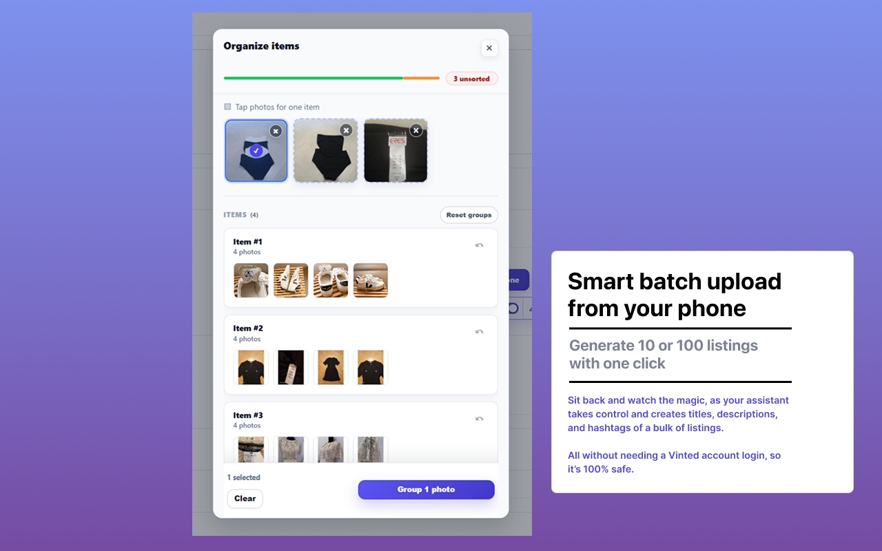 AutoLister AI batch upload screen grouping item photos into multiple Vinted listing drafts