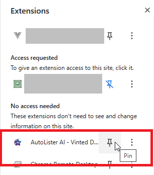 Click the pin icon next to AutoLister AI
