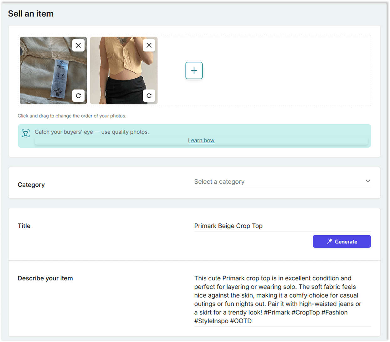 Screenshot of AutoLister AI generating a Vinted listing in one click
